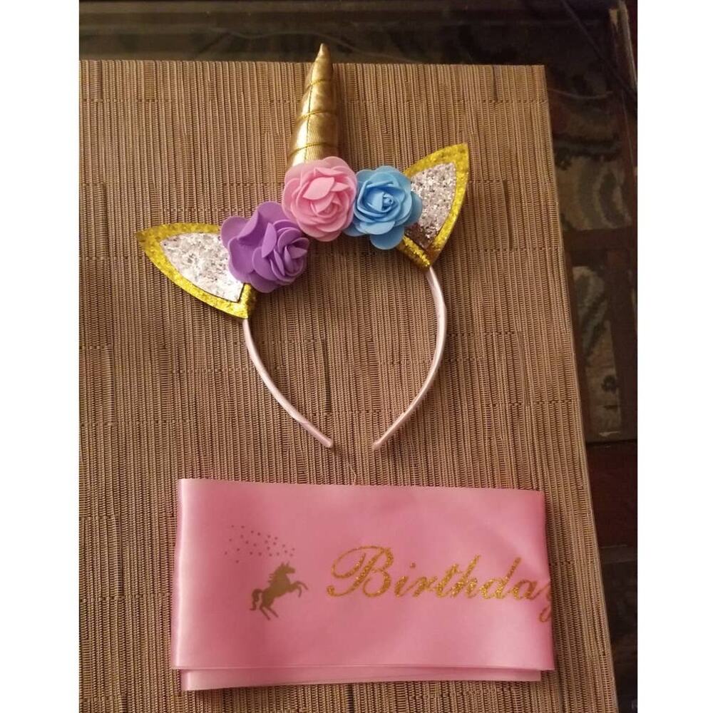 New Girls Pink birthday sash and Unicorn head band set